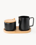 Milch und Zucker Set aus Edelstahl mit Bambus-Tablett
