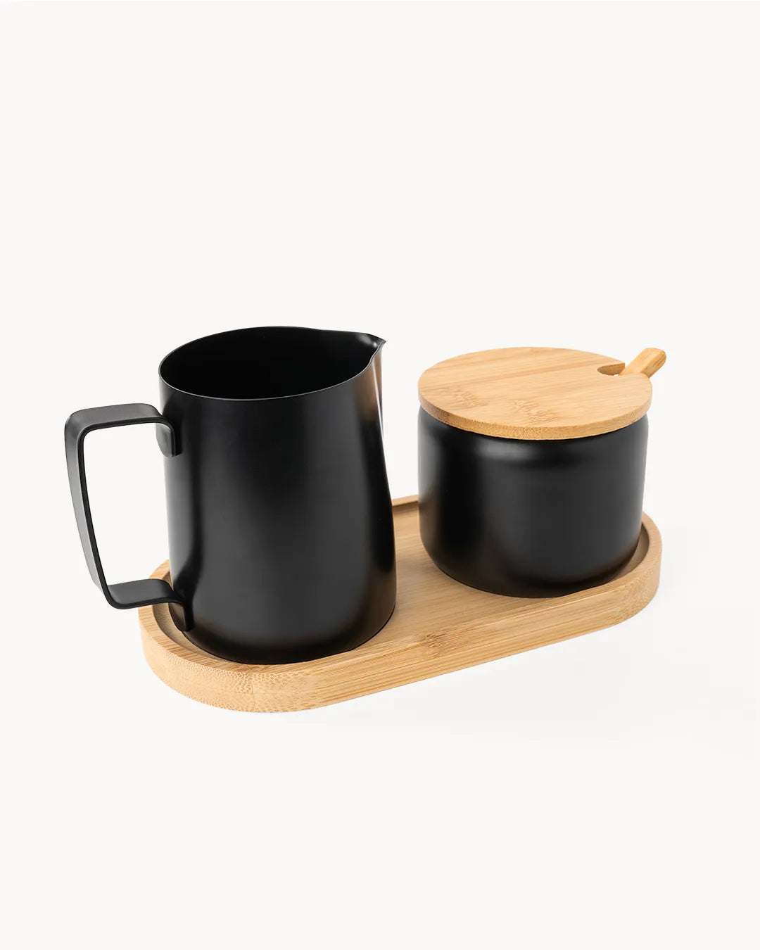 Milch und Zucker Set aus Edelstahl mit Bambus-Tablett
