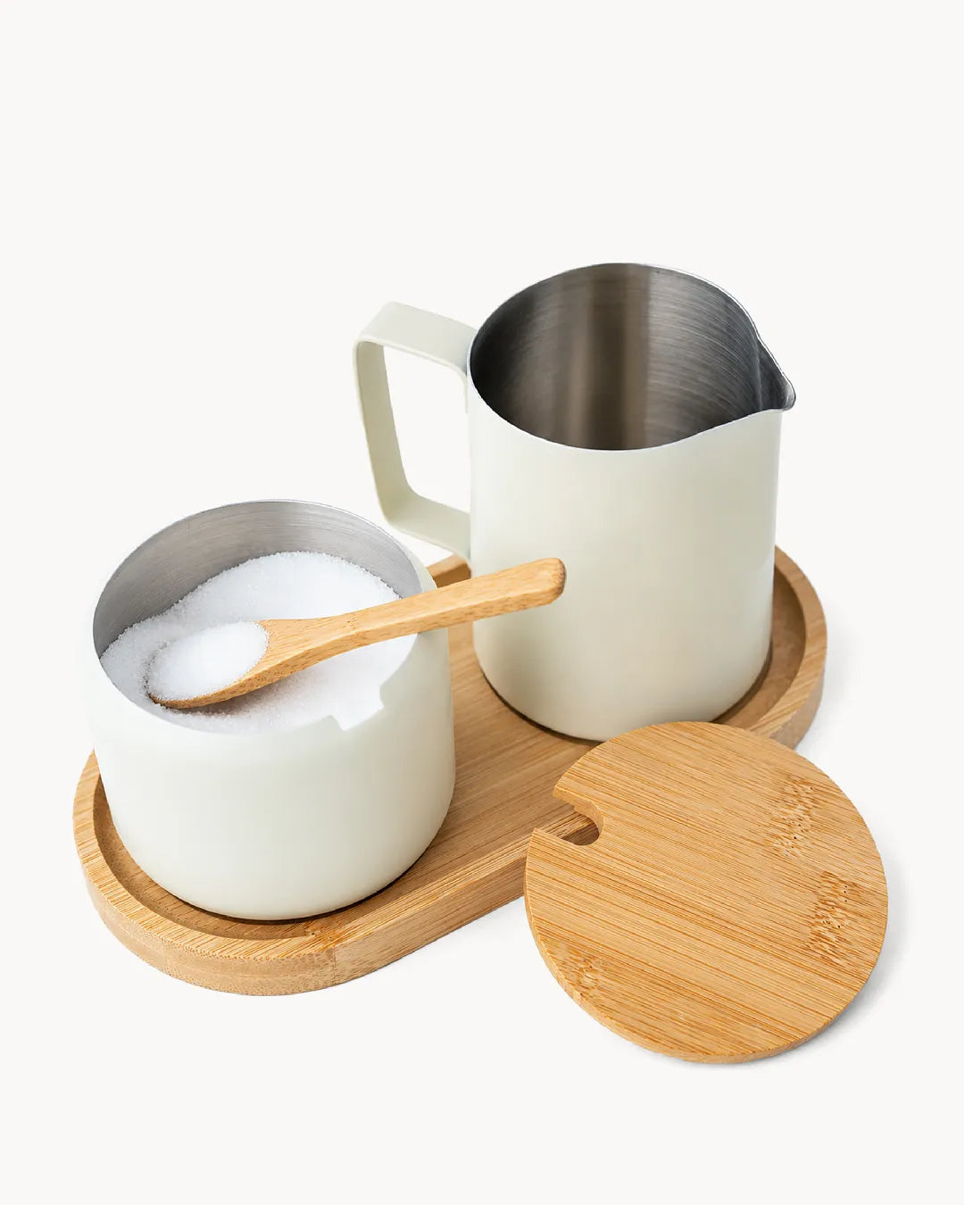 Milch und Zucker Set aus Edelstahl mit Bambus-Tablett